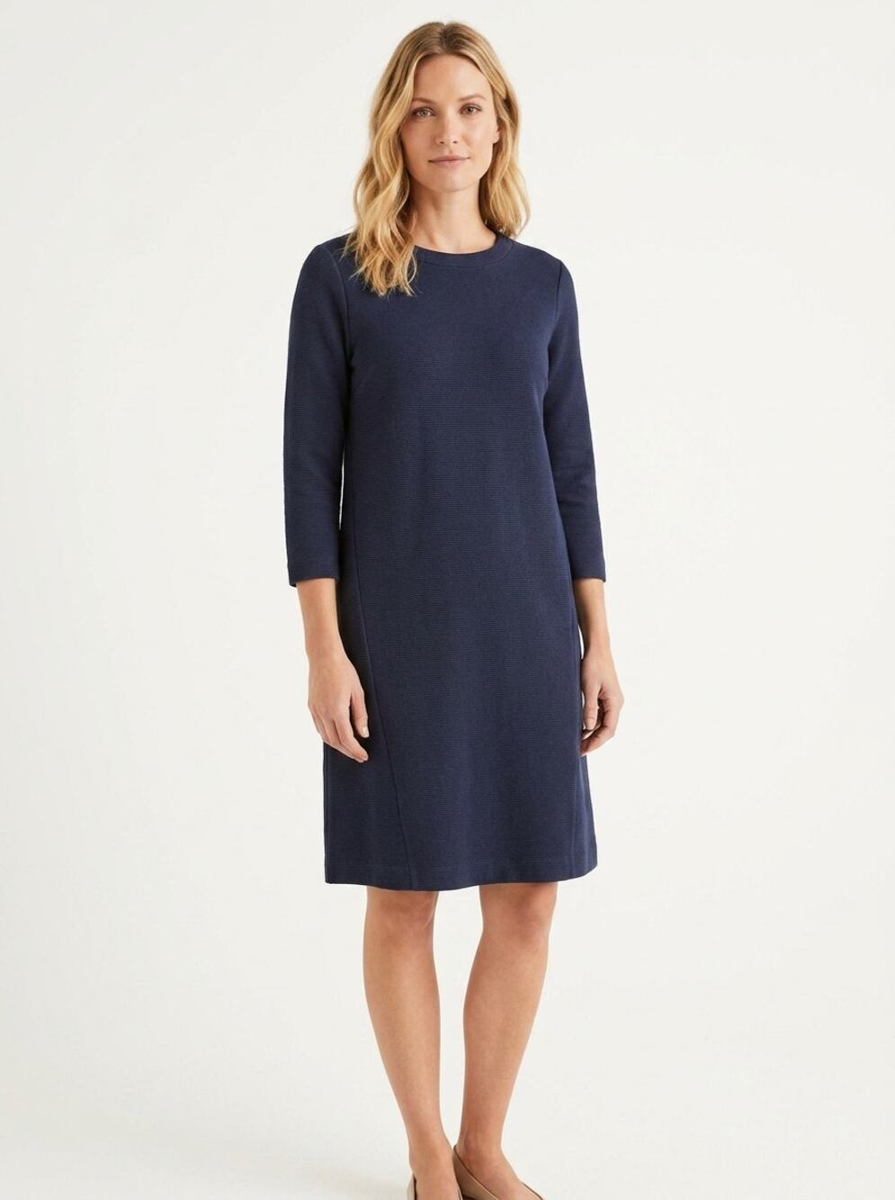 Boden Navy Blue Ribbed Knit 3/4 Sleeve Shift Sweater Dress Women Size 8R